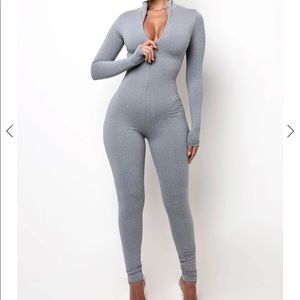 Grey stretchy jumpsuit.
